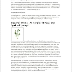 May include: A page from a book about the herb thyme. The page features a photo of thyme, a title that reads "Plenty of Thyme - An Herb for Physical and Spiritual Strength", and text about the history and benefits of thyme.