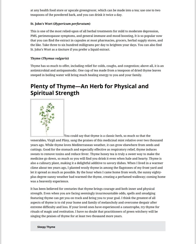 May include: A page from a book about the herb thyme. The page features a photo of thyme, a title that reads "Plenty of Thyme - An Herb for Physical and Spiritual Strength", and text about the history and benefits of thyme.