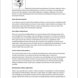May include: A page of text describing the health benefits of various herbs, including hibiscus, hops, kava, licorice, and marshmallow. The text includes the scientific names of each herb and details how to use them for medicinal purposes.