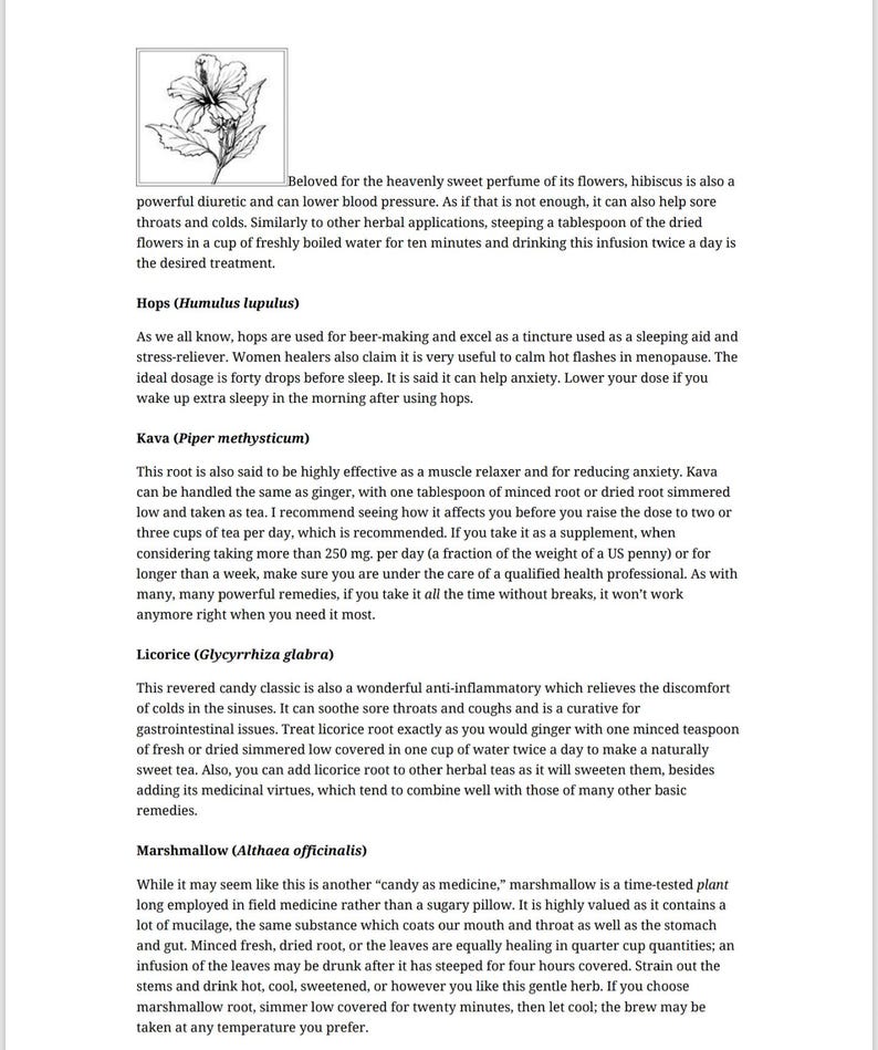 May include: A page of text describing the health benefits of various herbs, including hibiscus, hops, kava, licorice, and marshmallow. The text includes the scientific names of each herb and details how to use them for medicinal purposes.
