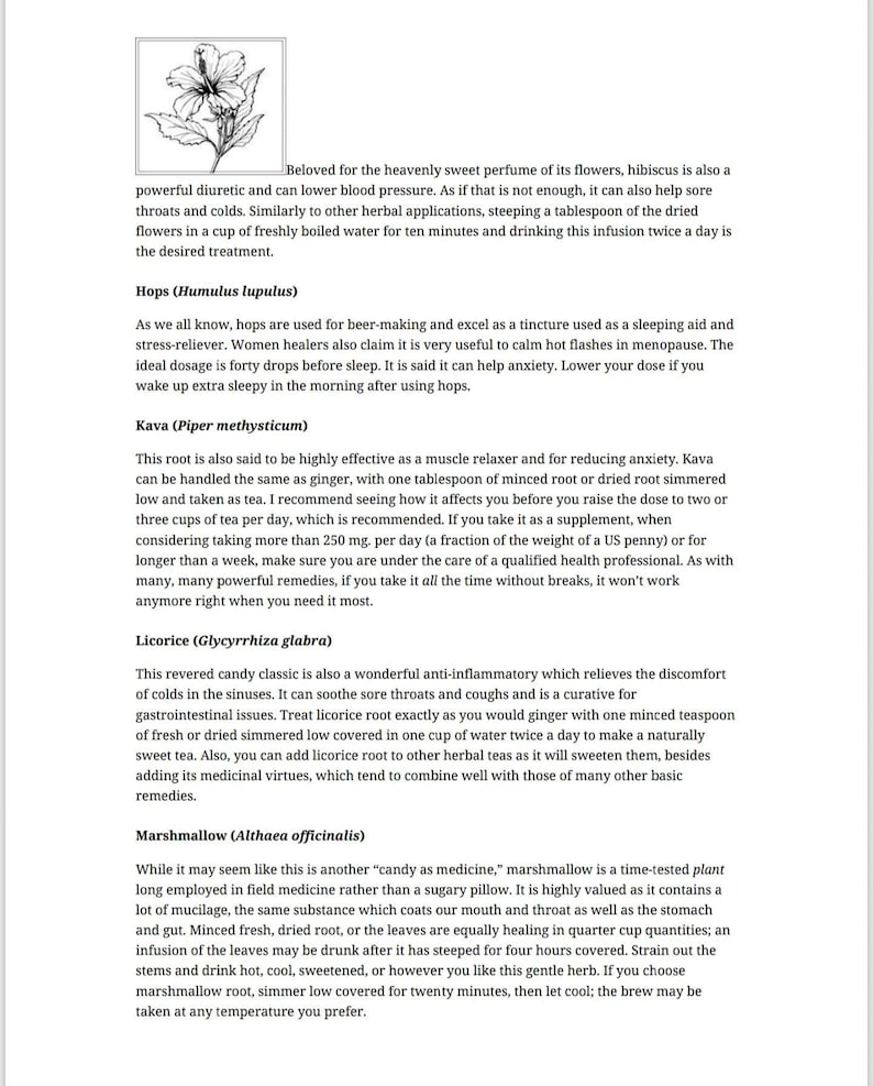 May include: A page from a book with a list of herbs and their medicinal properties. The herbs listed are hibiscus, hops, kava, licorice, and marshmallow. The text describes the benefits of each herb and how to use it.