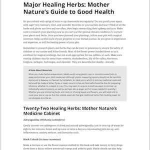 May include: A page from a book titled "Major Healing Herbs: Mother Nature's Guide to Good Health". The page features a section titled "Twenty-Two Healing Herbs: Mother Nature's Medicine Cabinet" and lists several herbs with their Latin names, including Ashwagandha (Withania somnifera), Black Cohosh (Actaea racemosa), and Calendula (Calendula officinalis).