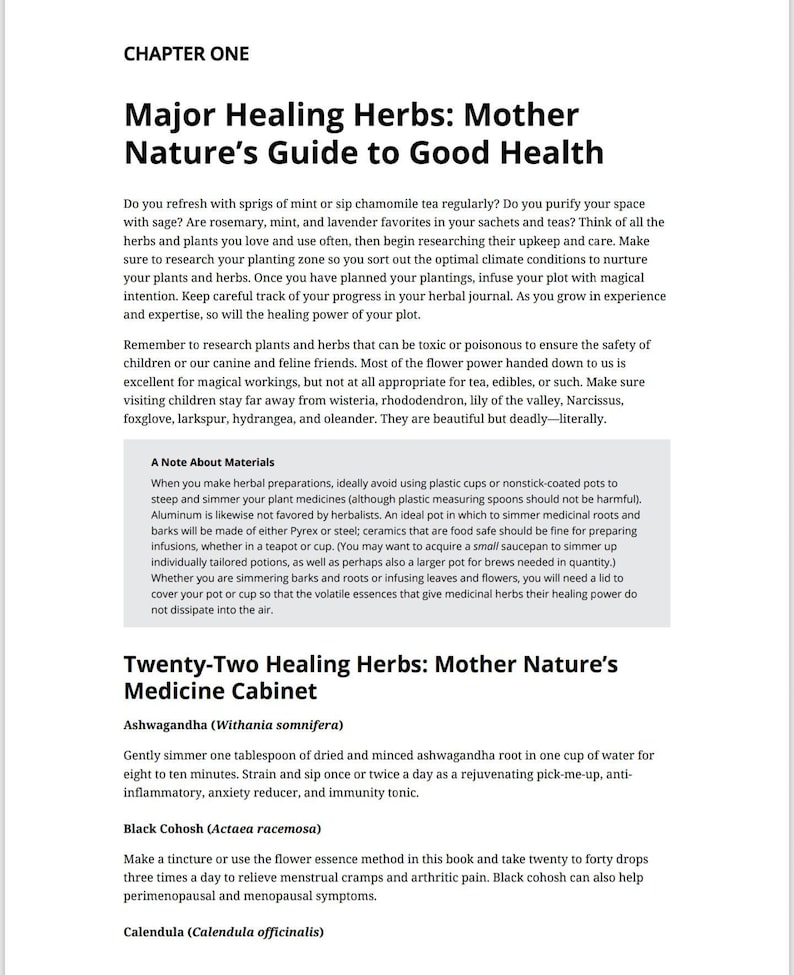May include: A page from a book titled "Major Healing Herbs: Mother Nature's Guide to Good Health". The page features a section titled "Twenty-Two Healing Herbs: Mother Nature's Medicine Cabinet" and lists several herbs with their Latin names, including Ashwagandha (Withania somnifera), Black Cohosh (Actaea racemosa), and Calendula (Calendula officinalis).