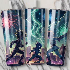 Envoltorios para tazas de batalla de anime, diseño de paisaje urbano, fuegos artificiales, temática de dibujos animados, regalo para amantes del anime, fundas para tazas de arte manga
