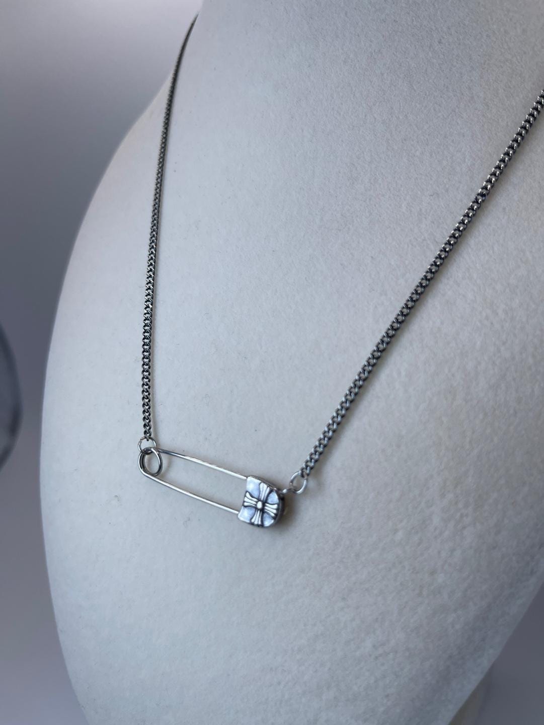 Chrome Safety Pin Necklace Silver Chain Unisex Grunge Punk