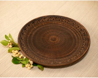 Handmade Carved Clay Plate 21 cm with Traditional Ukrainian Ornament | Decorative Ceramic Serving Dish