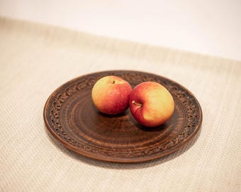 Handmade Carved Clay Plate 26cm with Traditional Ukrainian Ornament | Decorative Ceramic Serving Dish