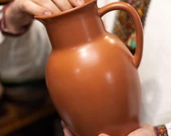 May include: A terracotta-colored ceramic pitcher with a rounded body and a curved handle. The pitcher is held by a person wearing a white shirt with colorful embroidered details. The pitcher is likely used for serving water or other beverages.