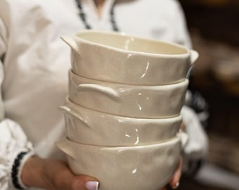 Handmade Ceramic Soup Bowl Set of 4: White Glazed Clay Bowls
