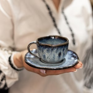 Handmade Ceramic Espresso Cup & Saucer 150ml | Indigo Blue Glaze | Wabi-Sabi Pottery | Style Coffee Cup | Artisan Tea Set