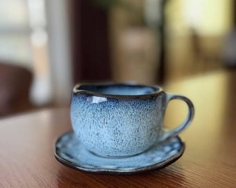 Handmade Blue Ceramic Cup 250 ml and Saucer:  Artisan Stoneware Tea Mug