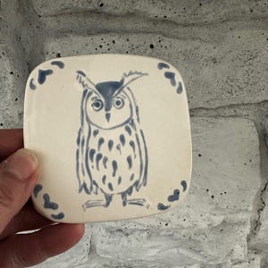 Handmade Ceramic Handpainted Coaster - Hand Painted Owl Art Tile - Home Decor - Gift - Owl Lover - Woodland Creature