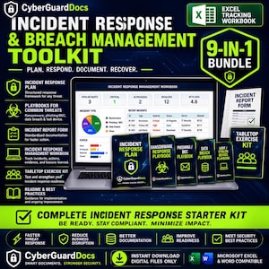 Puede incluir: Un kit digital 9 en 1 de gestión de incidentes y brechas de CyberGuardDocs. Incluye un libro de seguimiento de Excel, un plan de respuesta a incidentes, manuales para ransomware, phishing, filtración de datos y dispositivos perdidos.