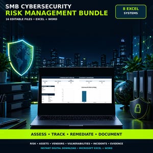 Op de afbeelding: Een digitaal productpakket genaamd SMB Cybersecurity Risk Management Bundle met 16 bewerkbare Excel- en Word-bestanden. Het scherm toont een dashboard voor risicobeheer, een oplichtend schildpictogram en een wereldbol op een bureau.