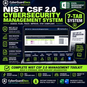 Może przedstawiać: Cyfrowy zestaw narzędzi do zarządzania cyberbezpieczeństwem NIST CSF 2.0 zawierający skoroszyt zarządzania Excel, system 7 kart i przewodnik wdrożeniowy. Interfejs wyświetla pulpit nawigacyjny, rejestr ryzyk, plan naprawczy i śledzenie dowodów.