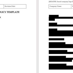 May include: Two white pages with black text. The left page is titled "REMOTE WORK SECURITY POLICY TEMPLATE" with instructions on how to use the policy. The right page is titled "POLICY" with redacted text.