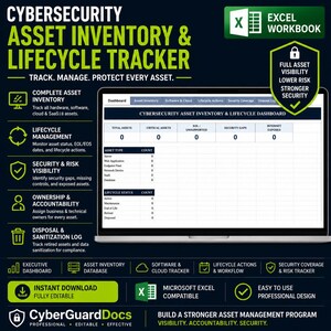 Peut inclure: Un classeur Excel de suivi d'inventaire et de cycle de vie des actifs de cybersécurité. L'interface affiche un tableau de bord avec des comptes d'actifs, des catégories et des statuts. Le texte inclut 'Cybersecurity Asset Inventory & Lifecycle Tracker' et 'CyberGuardDocs'.
