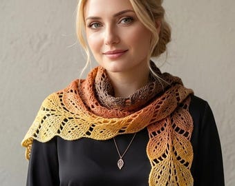 Padrão de cachecol de crochê com renda de folhas, xale boho com trepadeiras, PDF para iniciantes