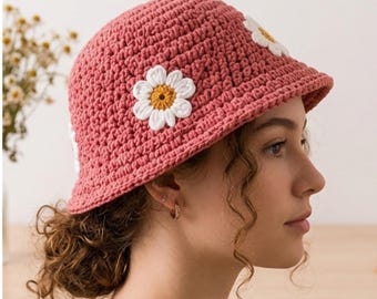 Molde de chapéu de crochê estilo bucket | Tutorial em PDF de chapéu de sol com flor de margarida (infantil, adulto)