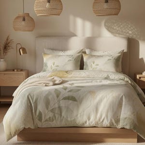 Pode incluir: Uma cama com capa de edredão e duas fronhas a condizer com uma estampa botânica suave em tons de verde sálvia e amarelo suave sobre um fundo creme. Uma manta texturizada de cor creme está dobrada cuidadosamente ao fundo da cama.