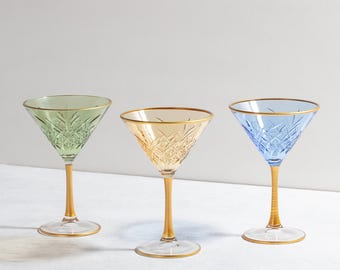 Vintage Crystal Martini Glass With Gold Trim, Boho Alcohol Glass Set, Colored Margarita Set, Bundle Martini Glass, Colorful Glassware