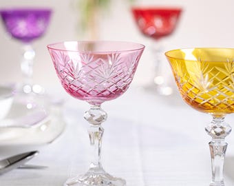 Vintage Style Coupe Glasses, Colored Crystal Cut Cocktail Glasses, Celebration Glasses, Wedding Glasses, Champagne Coupes, Crystal Cut Coupe