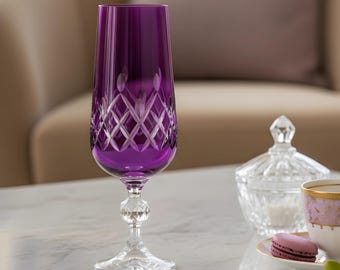 Colored Crystal Cut Champagne Flute: Handmade Crystal Glass Vintage Style
