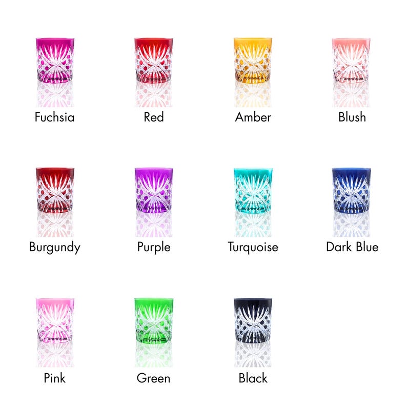 May include: A collection of twelve colorful, patterned drinking glasses. Colors include fuchsia, red, amber, blush, burgundy, purple, turquoise, dark blue, pink, green, and black. Each glass has a decorative, cut-glass design and a reflective surface.