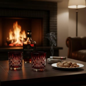May include: Two red crystal whiskey glasses with a starburst design sit on a dark wood table, next to a bottle of liquor and a lit cigar. A plate of nuts and a fireplace are in the background.