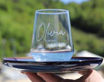 Personalized Stemless Wine Glass, Engraved Bridesmaid Gift, Bride & Groom Wedding Party Glass, Custom Name Favor