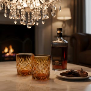 May include: Two amber-colored, patterned whiskey glasses sit on a marble table, next to a bottle of liquor and a plate of chocolate and figs. A crystal chandelier hangs above the scene, with a fireplace in the background.