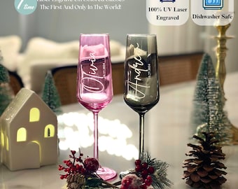 Gekleurde champagneglazen gepersonaliseerd, meneer en mevrouw gepersonaliseerd, gegraveerde champagneglazen, huwelijksgeschenken, bruid en bruidegom, roosteren bruiloft