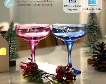 Personalized Champagne Coupe: Vintage Colored Glass, Engraved Name Gift