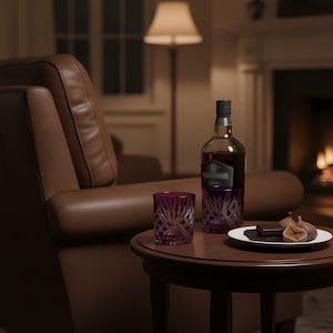 May include: A bottle of amber liquor and a cut crystal glass sit on a dark wood table. A small plate holds chocolate and figs. The scene is set in a dimly lit room with a leather armchair.