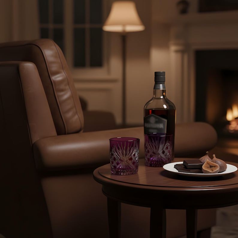 May include: A bottle of amber liquor and a cut crystal glass sit on a dark wood table. A small plate holds chocolate and figs. The scene is set in a dimly lit room with a leather armchair.