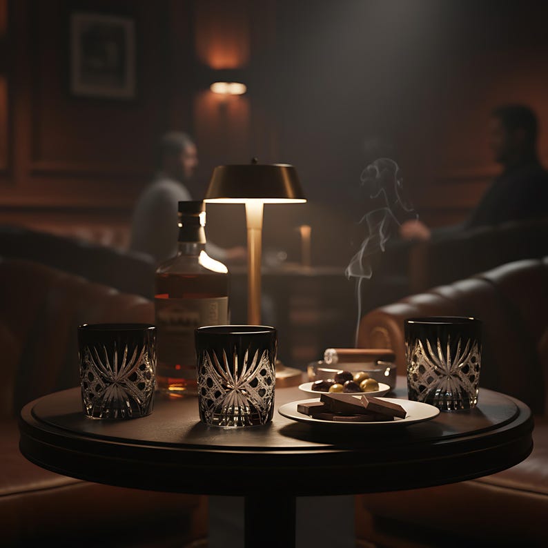 May include: A dimly lit scene featuring a round table with three crystal glasses, a bottle of whiskey, and a plate of chocolates. Cigars and a small lamp are also on the table. The background shows a blurred lounge setting with leather furniture.