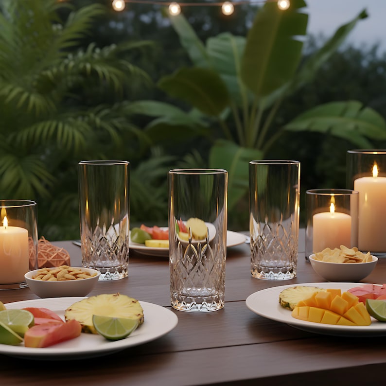 Puede incluir: Una mesa al aire libre con vasos altos y transparentes con un patr&oacute;n de diamantes, platos de fruta y velas encendidas. La escena es al aire libre con exuberante follaje verde y luces de cadena en el fondo.
