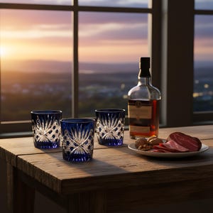 May include: Three blue crystal glasses with a starburst design sit on a wooden table, alongside a bottle of amber liquor, a plate of meat, and walnuts. The scene is set against a window with a sunset view.