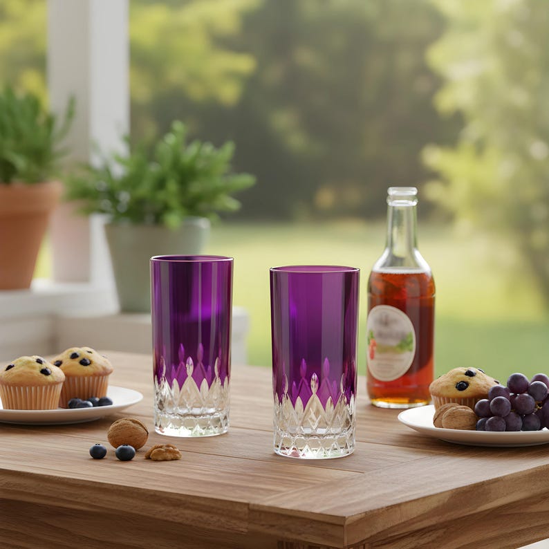 Puede incluir: Dos vasos altos de color p&uacute;rpura con un dise&ntilde;o de cristal tallado en la base est&aacute;n sobre una mesa de madera. Una botella de zumo, magdalenas, uvas y nueces tambi&eacute;n est&aacute;n sobre la mesa, lo que sugiere un ambiente informal al aire libre.