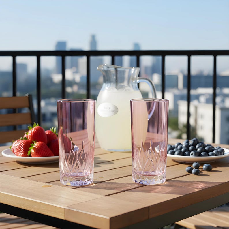 Puede incluir: Una mesa de madera con vasos altos te&ntilde;idos de rosa, una jarra de vidrio con limonada, un plato de fresas y un plato de ar&aacute;ndanos. Los vasos tienen un dise&ntilde;o de corte de diamante. La escena est&aacute; ambientada al aire libre con un horizonte de la ciudad al fondo.