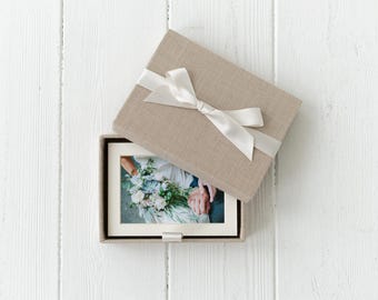 Linen memory photo box with 10 mats, 5x7 Photo box, Mat box, Wedding memory box, USB box