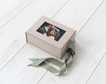 Linen 4x6 Photo Box, Satin Ribbon, Presentation Keepsake