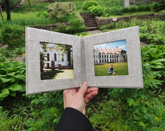 Fabric matted linen photo display with magnetic closure for 4x4" photos, bi-fold wedding gift