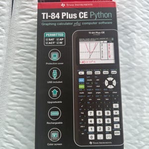 Puede incluir: Una calculadora gráfica Texas Instruments TI-84 Plus CE Python negra en su empaque original. La caja muestra la calculadora con una pantalla a color que presenta un gráfico y una tabla, además de iconos de funda protectora, USB y recargable.