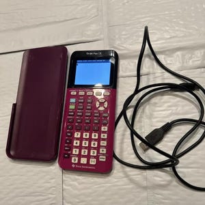 May include: A magenta TI-84 Plus CE graphing calculator, with its protective cover and a USB cable. The calculator has a blue screen and a full keypad with numbers and function keys. The cover is also magenta.
