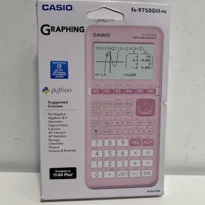 May include: A pink Casio fx-9750GIII-PK graphing calculator in its original white retail packaging. The box displays the calculator, the Python logo, and a list of suggested courses including Pre-Algebra, Algebra, Geometry, and Calculus.