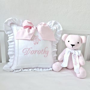 Personalisiertes Taufgeschenk rosa Bär mit Kissen Zwilling Baby Geschenk Memory Bär Kundenspezifisches Foto Patengeschenk Stickerei Design Teddy