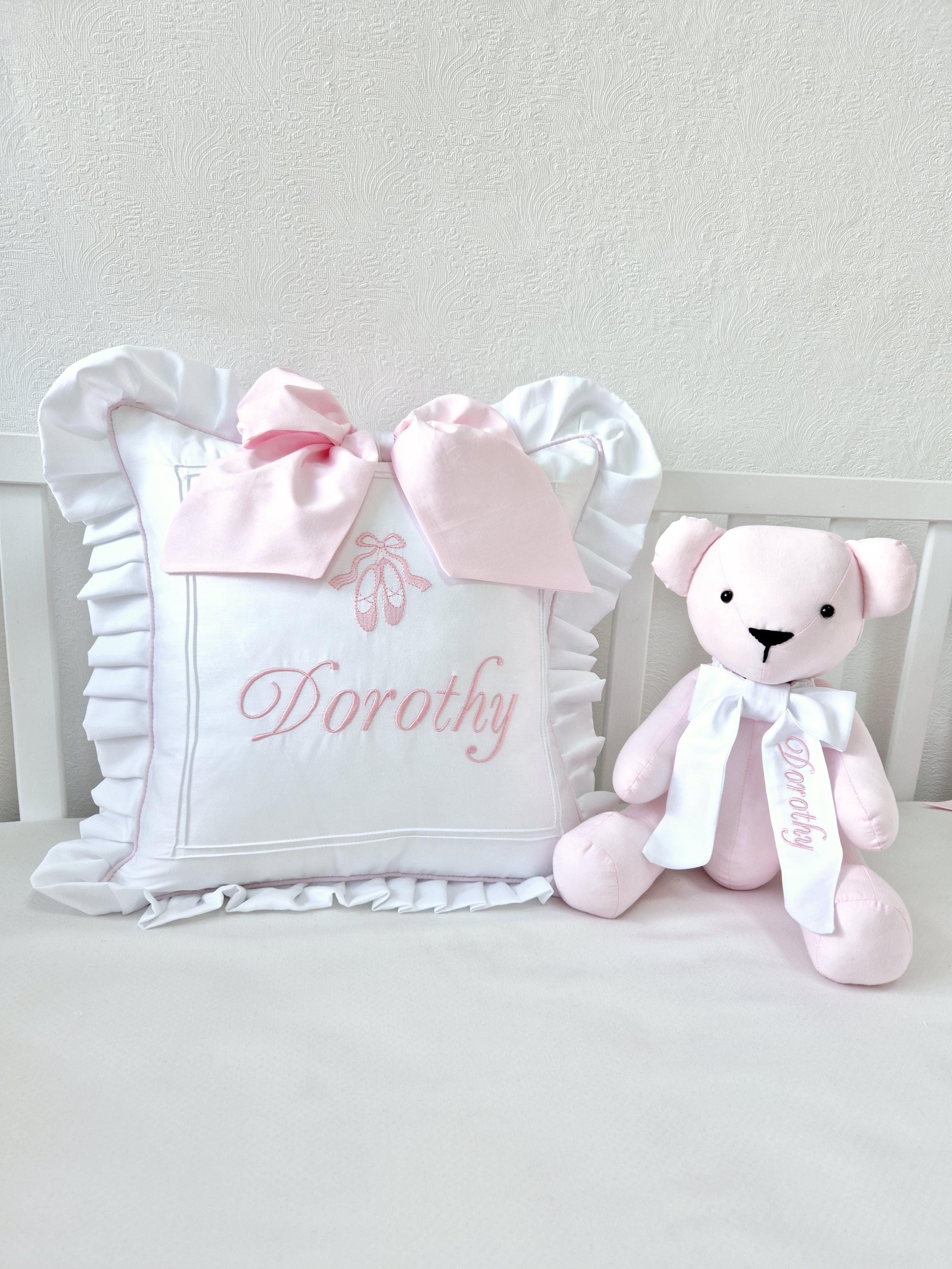 Personalized Christening gift Pink Bear with Pillow Twin baby gift Memory Bear Custom photo Godmother gift Embroidery design Teddy