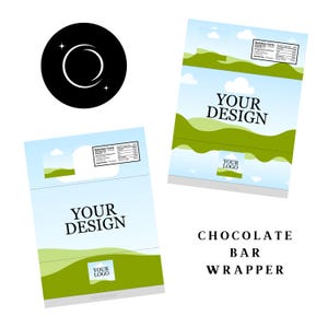 May include: A printable template for a chocolate bar wrapper. The wrapper features a blue and green design with clouds, grass, and the text "YOUR DESIGN" and "YOUR LOGO".
