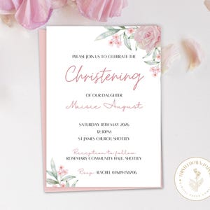 Plantilla imprimible de invitación de bautizo con flores rosas, Evite, invitación digital editable para bautizo, descargable, floral, para niña, para bautizo de bebé